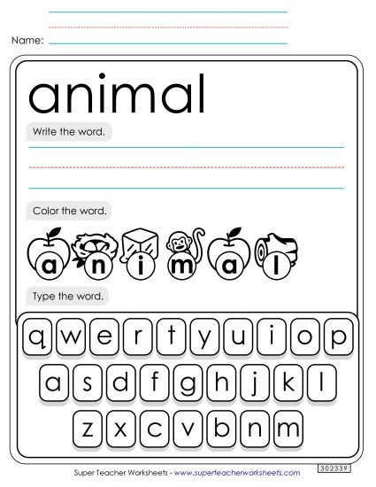 Write, Color, Type: Animal (Printable PDF Worksheet)