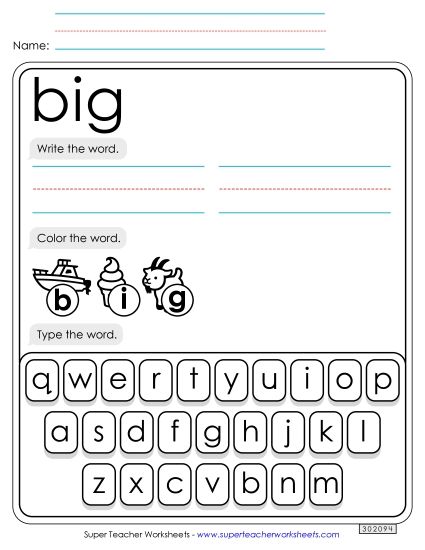 Write, Color, Type: Big (Printable PDF Worksheet)
