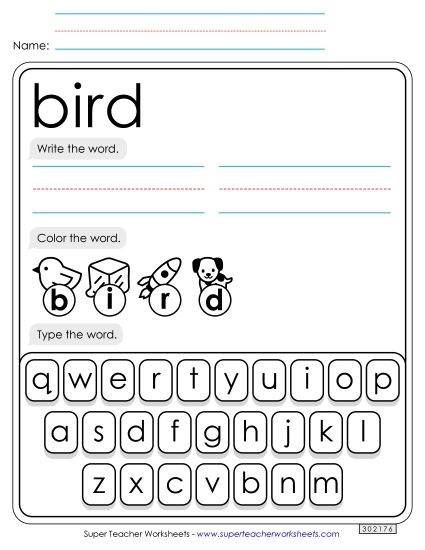 Write, Color, Type: Bird (Printable PDF Worksheet)