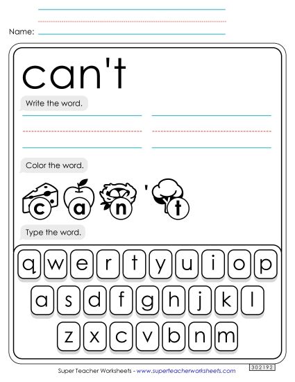 Write, Color, Type: Can't (Printable PDF Worksheet)