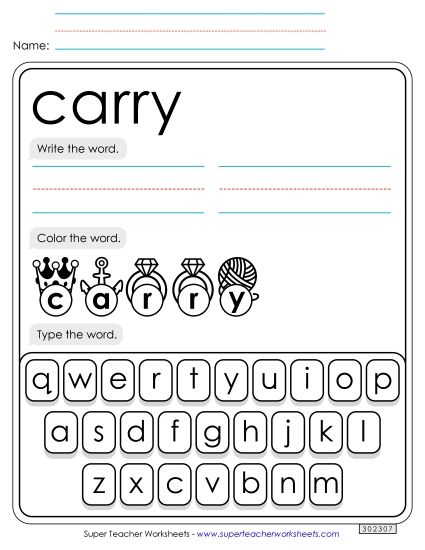 Write, Color, Type: Carry (Printable PDF Worksheet)