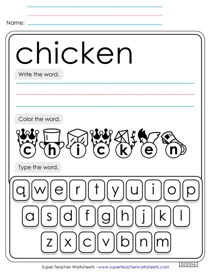 Write, Color, Type: Chicken (Printable PDF Worksheet)