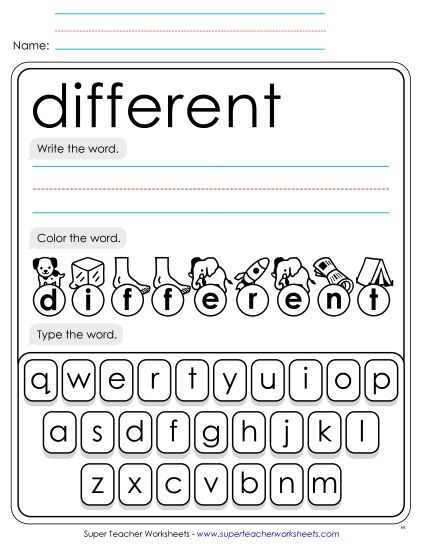Write, Color, Type: Different (Printable PDF Worksheet)