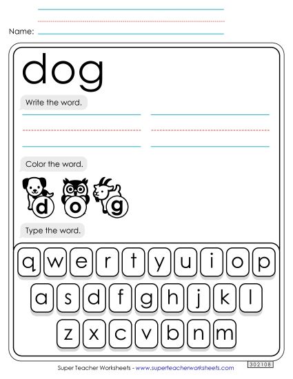 Write, Color, Type: Dog (Printable PDF Worksheet)