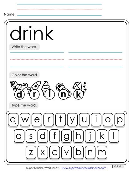 Write, Color, Type: Drink (Printable PDF Worksheet)