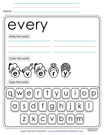 Write, Color, Type: Every (Printable PDF Worksheet)