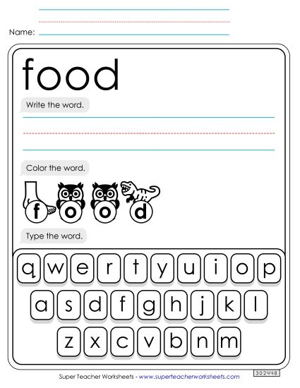 Write, Color, Type: Food (Printable PDF Worksheet)