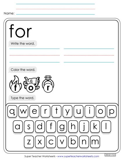 Write, Color, Type: For (Printable PDF Worksheet)