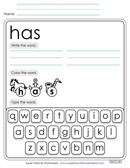 Write, Color, Type: Has (Printable PDF Worksheet)