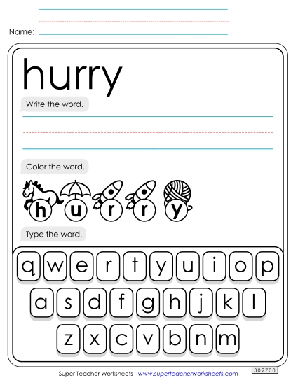 Write, Color, Type: Hurry (Printable PDF Worksheet)