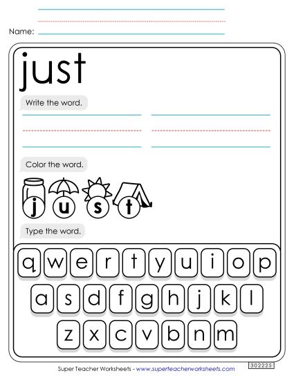 Write, Color, Type: Just (Printable PDF Worksheet)