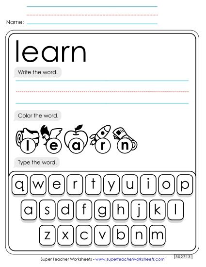 Write, Color, Type: Learn (Printable PDF Worksheet)