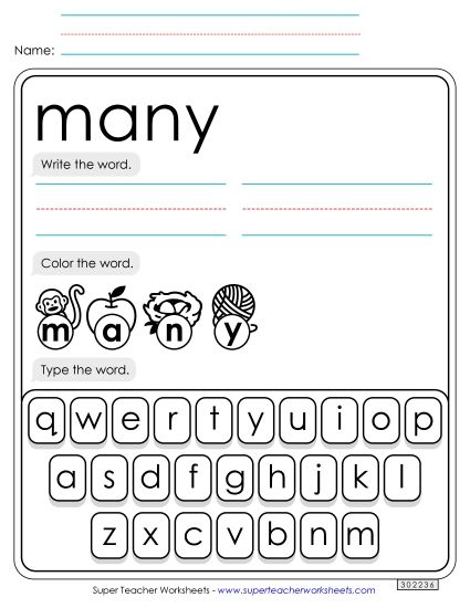 Write, Color, Type: Many (Printable PDF Worksheet)
