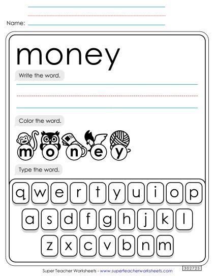 Write, Color, Type: Money (Printable PDF Worksheet)