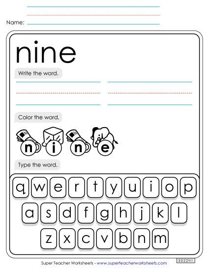 Write, Color, Type: Nine (Printable PDF Worksheet)