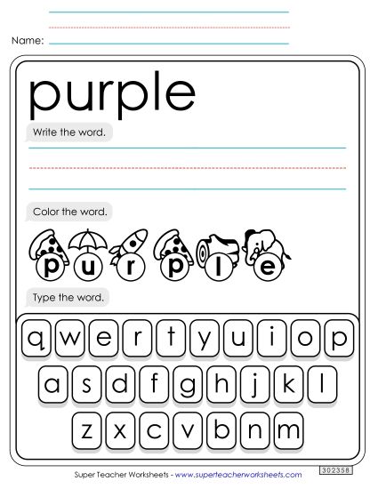 Write, Color, Type: Purple (Printable PDF Worksheet)