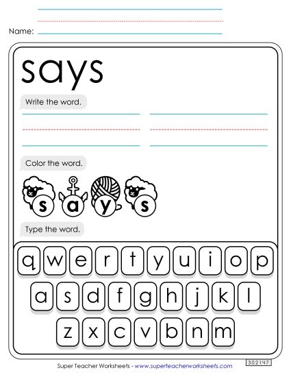 Write, Color, Type: Says (Printable PDF Worksheet)