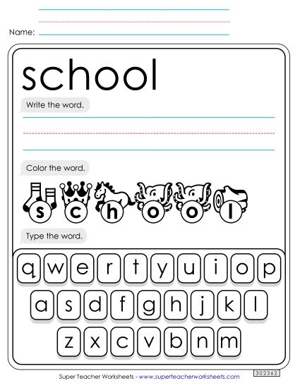 Write, Color, Type: School (Printable PDF Worksheet)