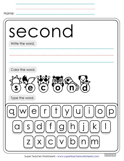 Write, Color, Type: Second (Printable PDF Worksheet)