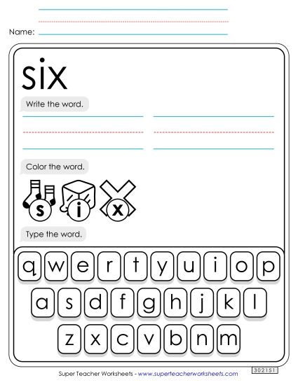 Write, Color, Type: Six (Printable PDF Worksheet)