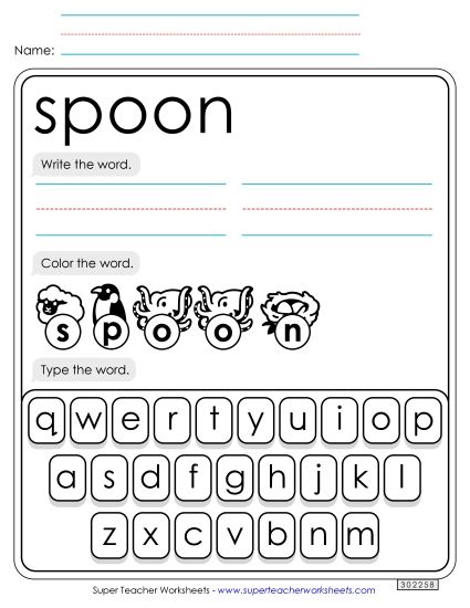 Write, Color, Type: Spoon (Printable PDF Worksheet)