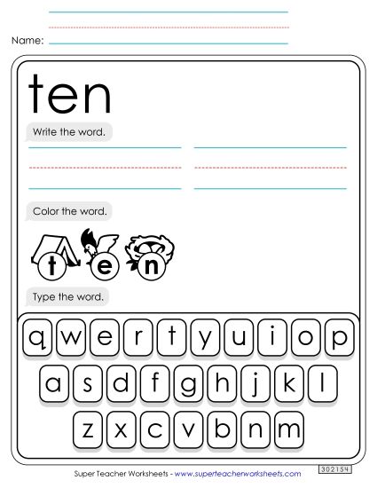 Write, Color, Type: Ten (Printable PDF Worksheet)