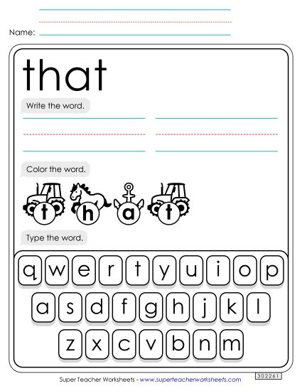 Write, Color, Type: That (Printable PDF Worksheet)