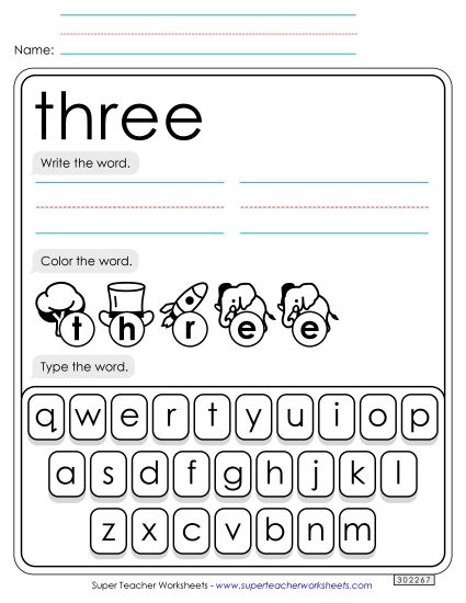 Write, Color, Type: Three (Printable PDF Worksheet)