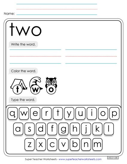 Write, Color, Type: Two (Printable PDF Worksheet)