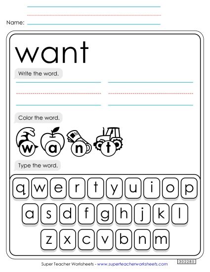Write, Color, Type: Want (Printable PDF Worksheet)
