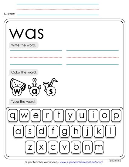 Write, Color, Type: Was (Printable PDF Worksheet)