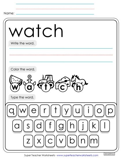 Write, Color, Type: Watch (Printable PDF Worksheet)