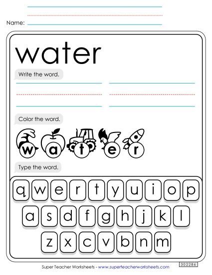 Write, Color, Type: Water (Printable PDF Worksheet)