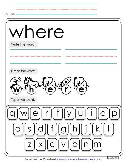 Write, Color, Type: Where (Printable PDF Worksheet)