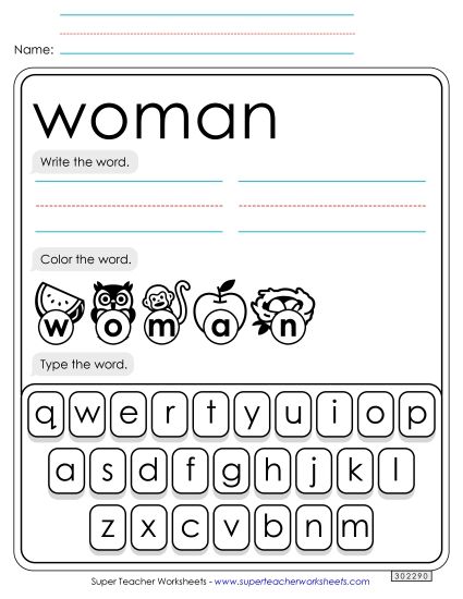 Write, Color, Type: Woman (Printable PDF Worksheet)