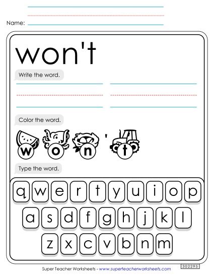 Write, Color, Type: Wont (Printable PDF Worksheet)