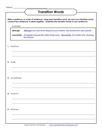 Transition Words (Mixed) - Write Sentences With Transition Words