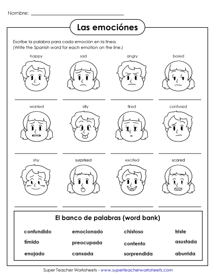 Feelings/Emotions (Sentimientos/Emociones) - Write the Words: Feelings/Emotions