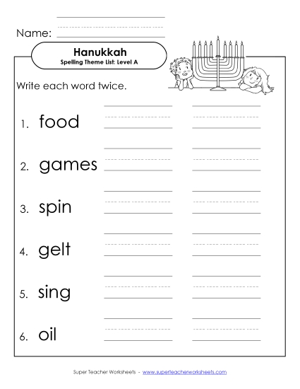 Worksheets and Activities - Write the Words Twice (A-Hanukkah) 