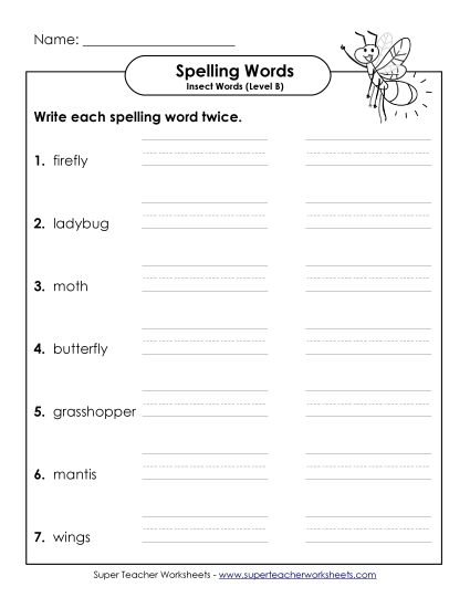 Worksheets and Activities - Write Twice (B-Insect Words) 