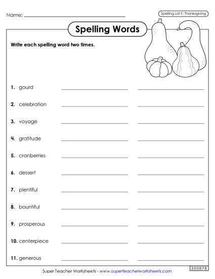 Worksheets and Puzzles - Write Words Twice (Thanksgiving)
