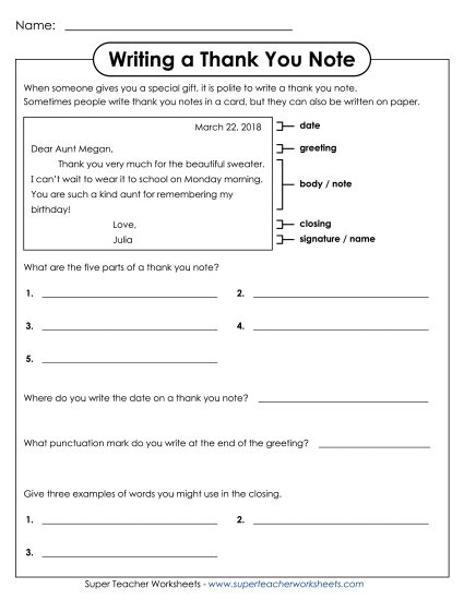 Friendly Letter Writing - Writing a Thank You Note #1