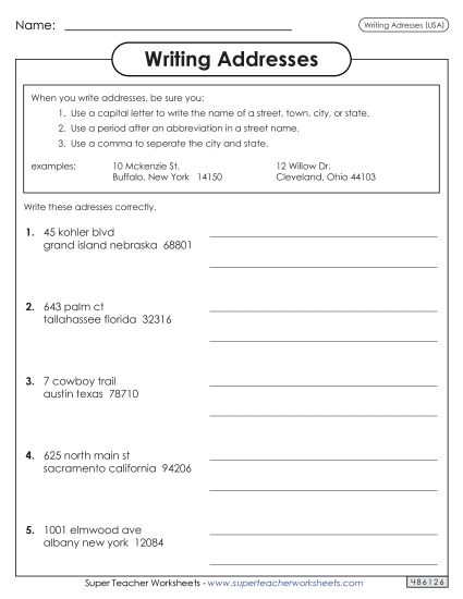 Date and Place Name Worksheets - Writing Addresses