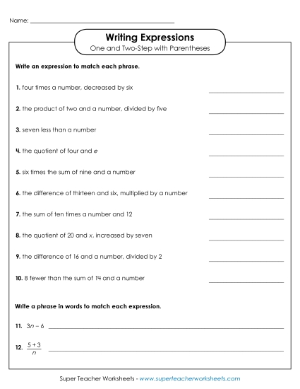 Level: Advanced (2-Step w/ Parenthesis) - Writing Algebraic Expressions (One & Two-Step w/ Parenthesis)