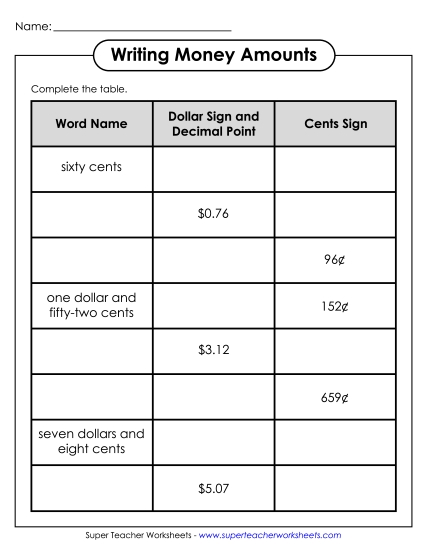 Coins Only (No Bills) - Writing Money Amounts