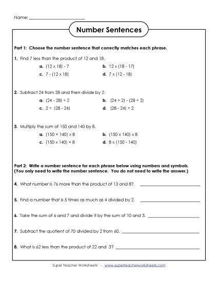 Whole Numbers Only - Writing Number Sentences Whole Numbers Only - Writing Number Sentences