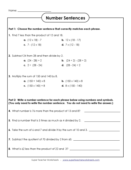 Writing Number Sentences Writing Number Sentences