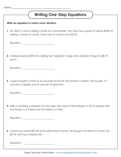 Addition, Subtraction, Multiplication & Division - Writing One Step Equations (Advanced)