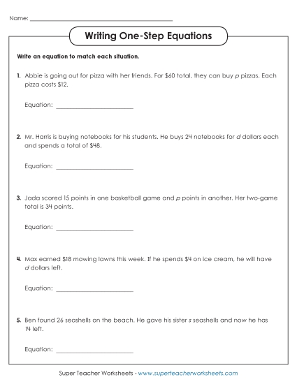 Addition, Subtraction, Multiplication & Division - Writing One Step Equations (Basic)