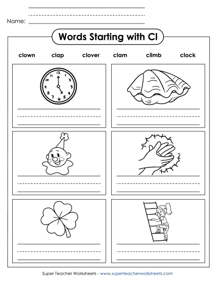 Worksheets - Writing Words that Start with CL Worksheets - Writing Words that Start with CL
